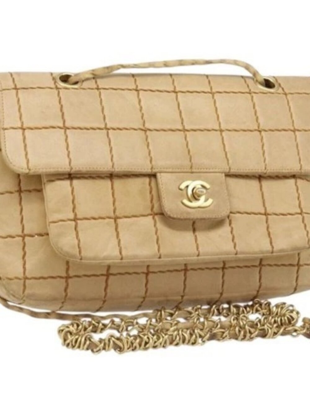 CHANEL Wild Stitch Choco Bar Chain Bag Lamb Skin Beige Gold CC Auth gh2006